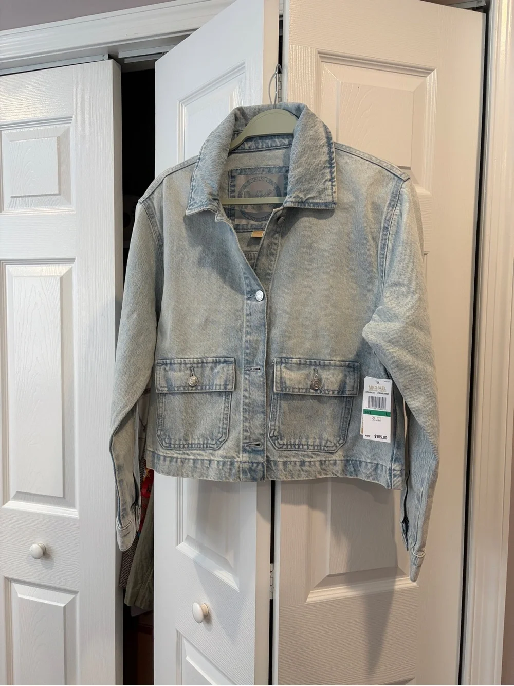 Michael Kors Light Wash Denim Jacket with Front Patch Pockets